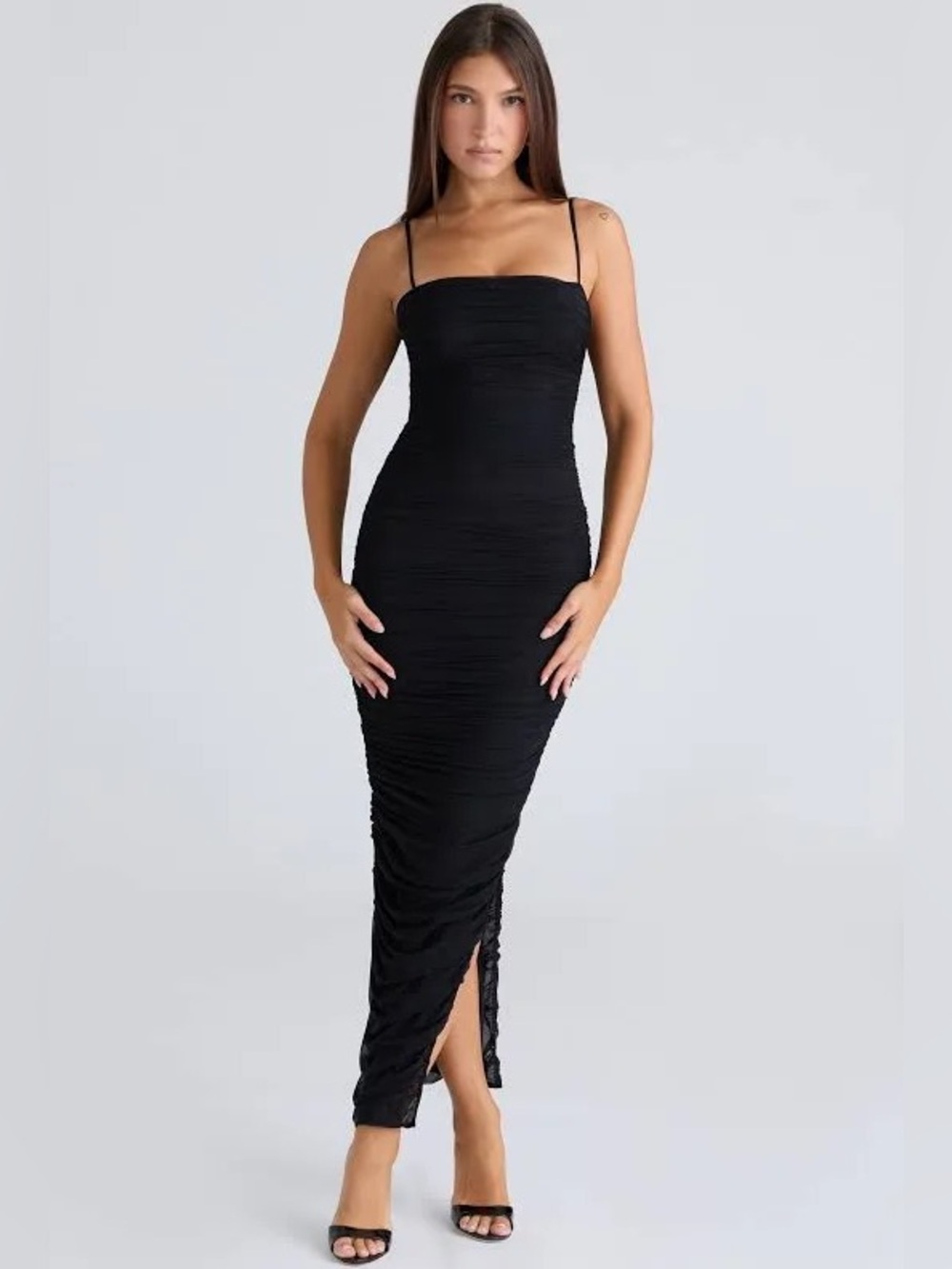 House of CB Fornarina Black Gathered Ruched Mesh Maxi Dress LG